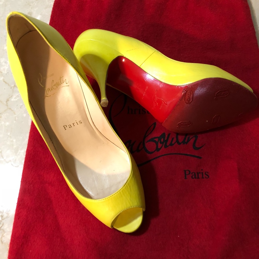 Louboutin Yellow Peep Toe Skinny Heels Pumps 37.5